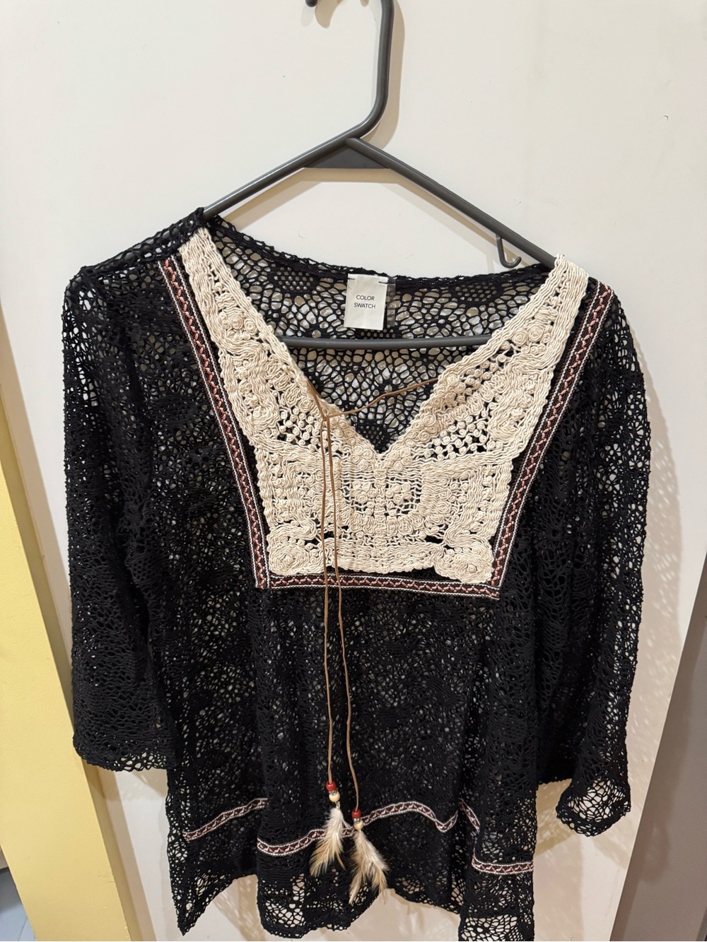 Black Crochet Tunic with Cream V-Neck Panel and Tassel Tie